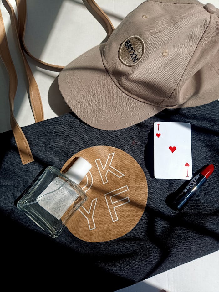 home-img Stylish flat lay featuring a hat, tote bag, perfume bottle, playing card, and lipstick under soft lighting.